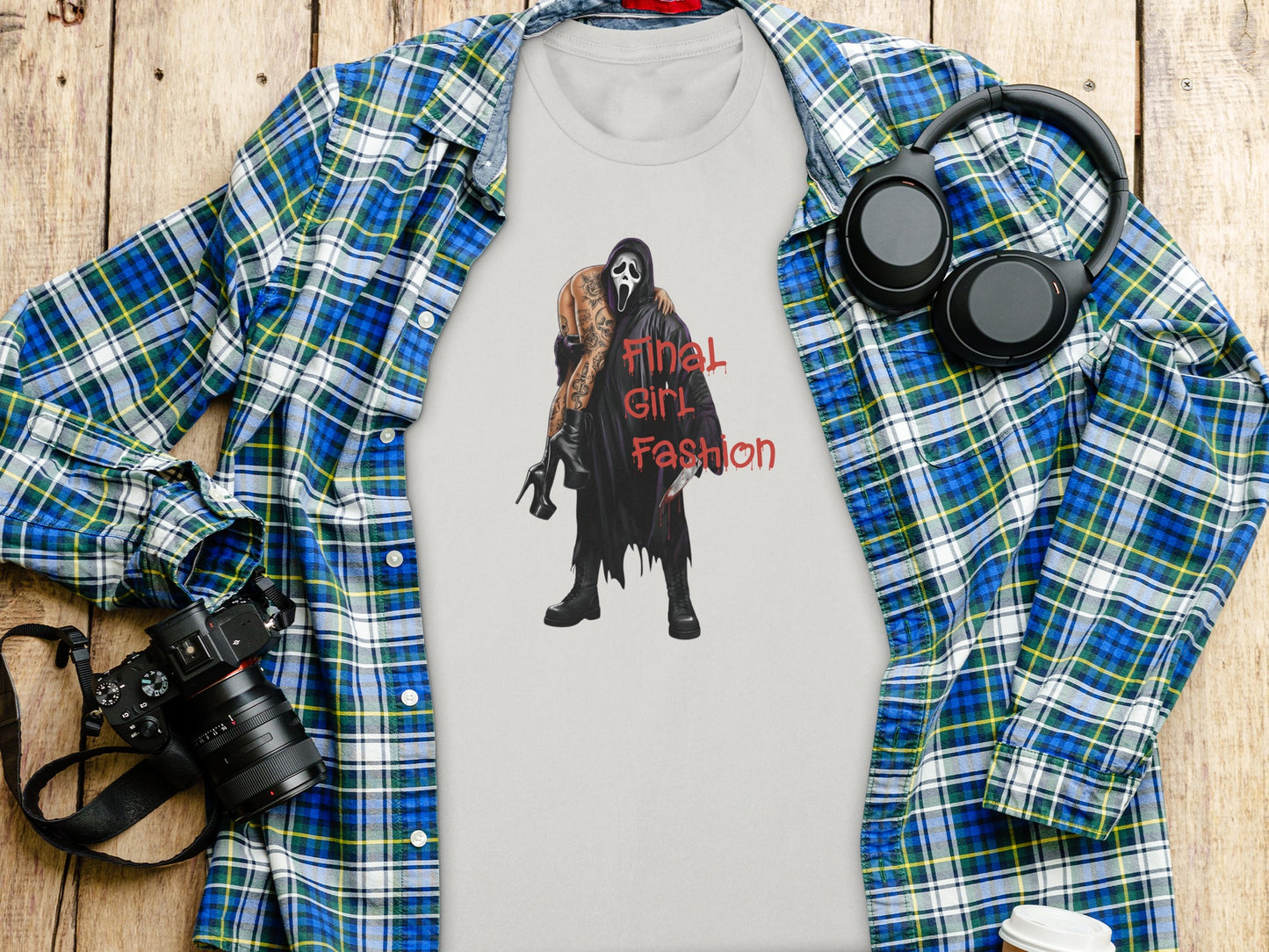 T-shirt featuring Ghostface carrying a woman, with "Final Girl Fashion" text.