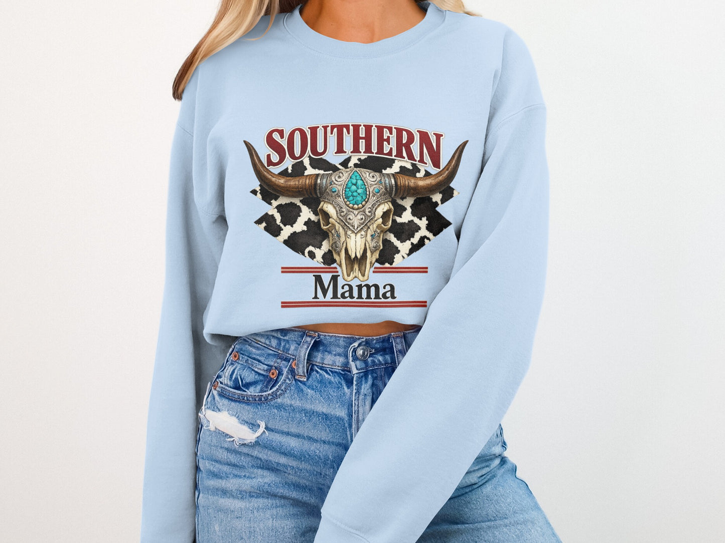 Light blue sweatshirt with cow skull and "Southern Mama" text.