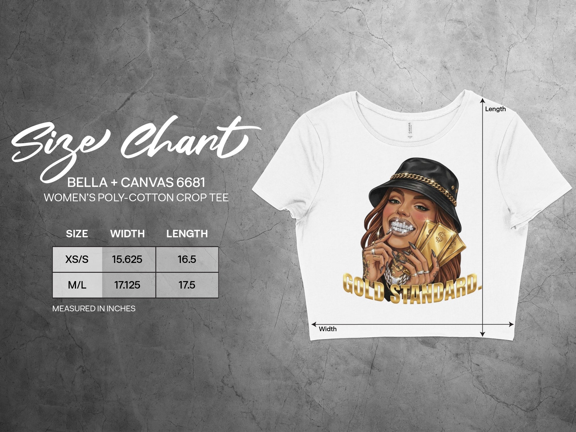 Size chart for Bella+Canvas 6681 women's crop tee with measurements.