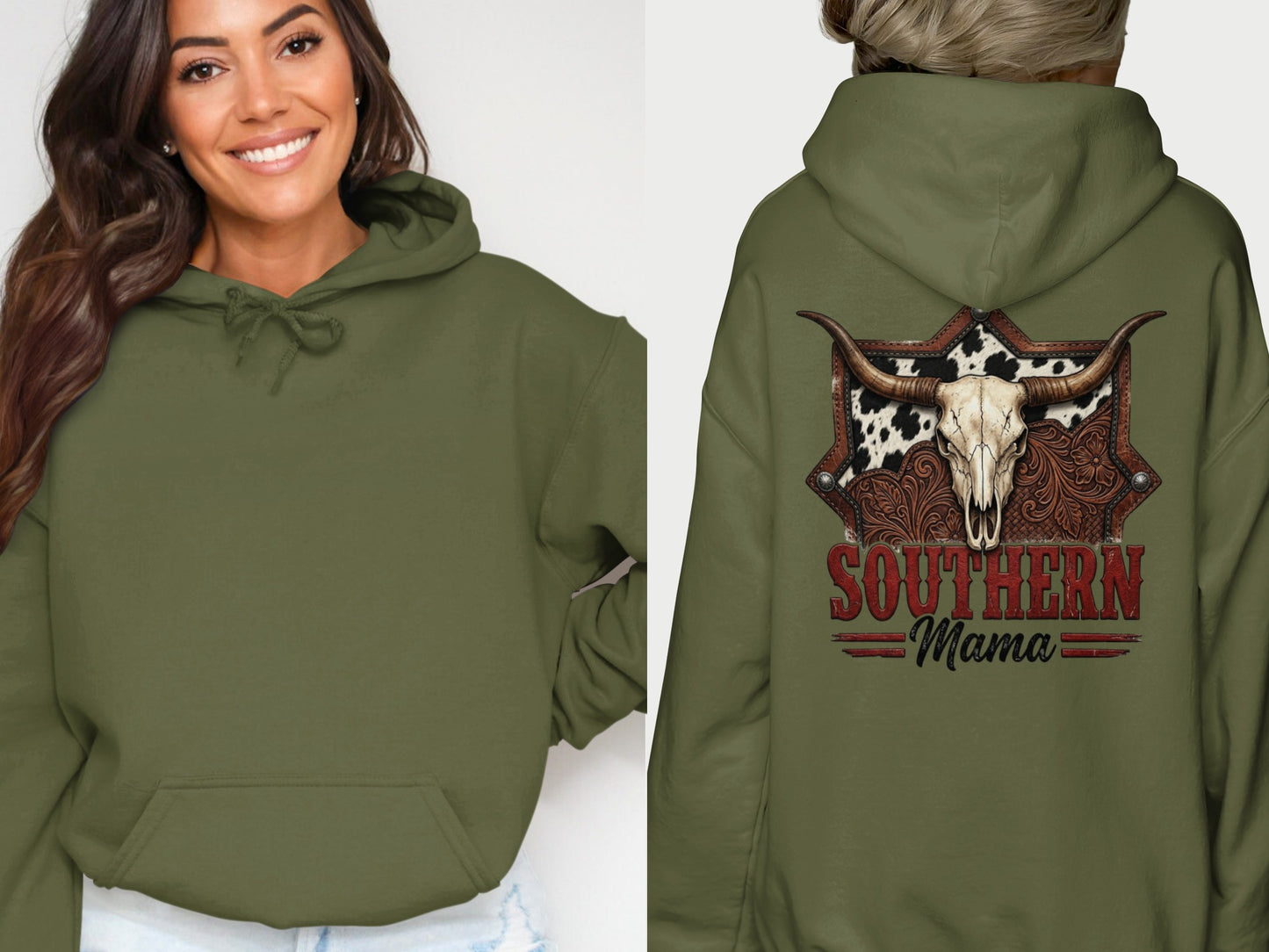 Woman wearing olive green hoodie with Southern Mama bull skull graphic.