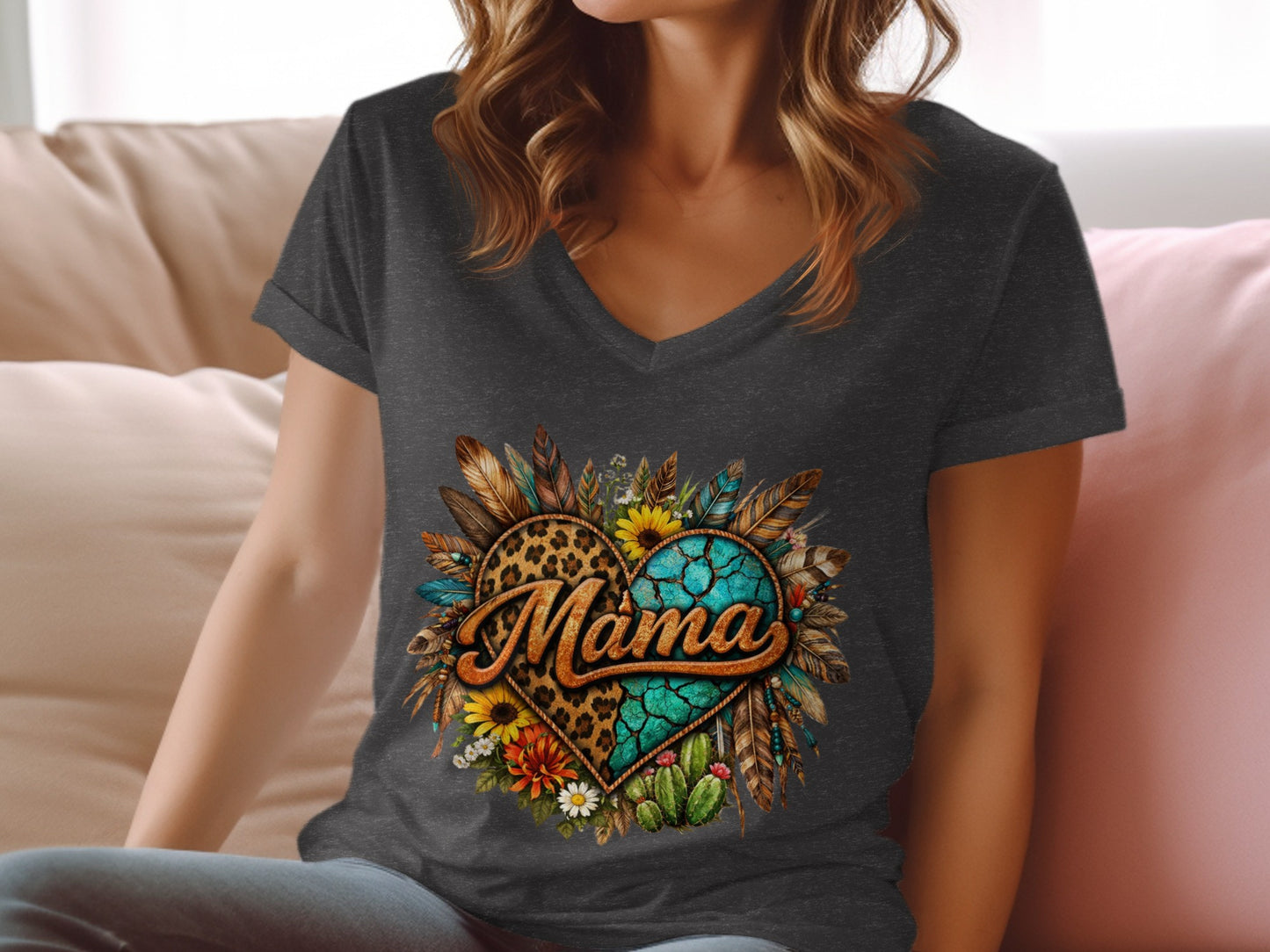 Dark grey v-neck t-shirt featuring a heart with "Mama" in leopard print and turquoise accents.