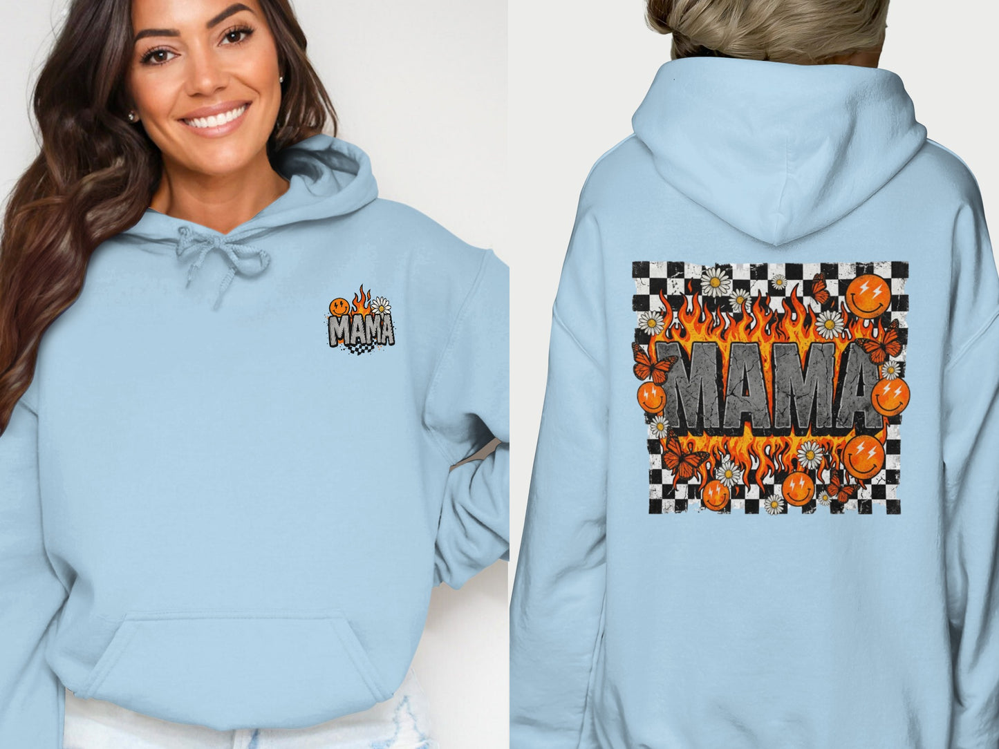 Light blue hoodie with "Mama" graphic and floral flame design.
