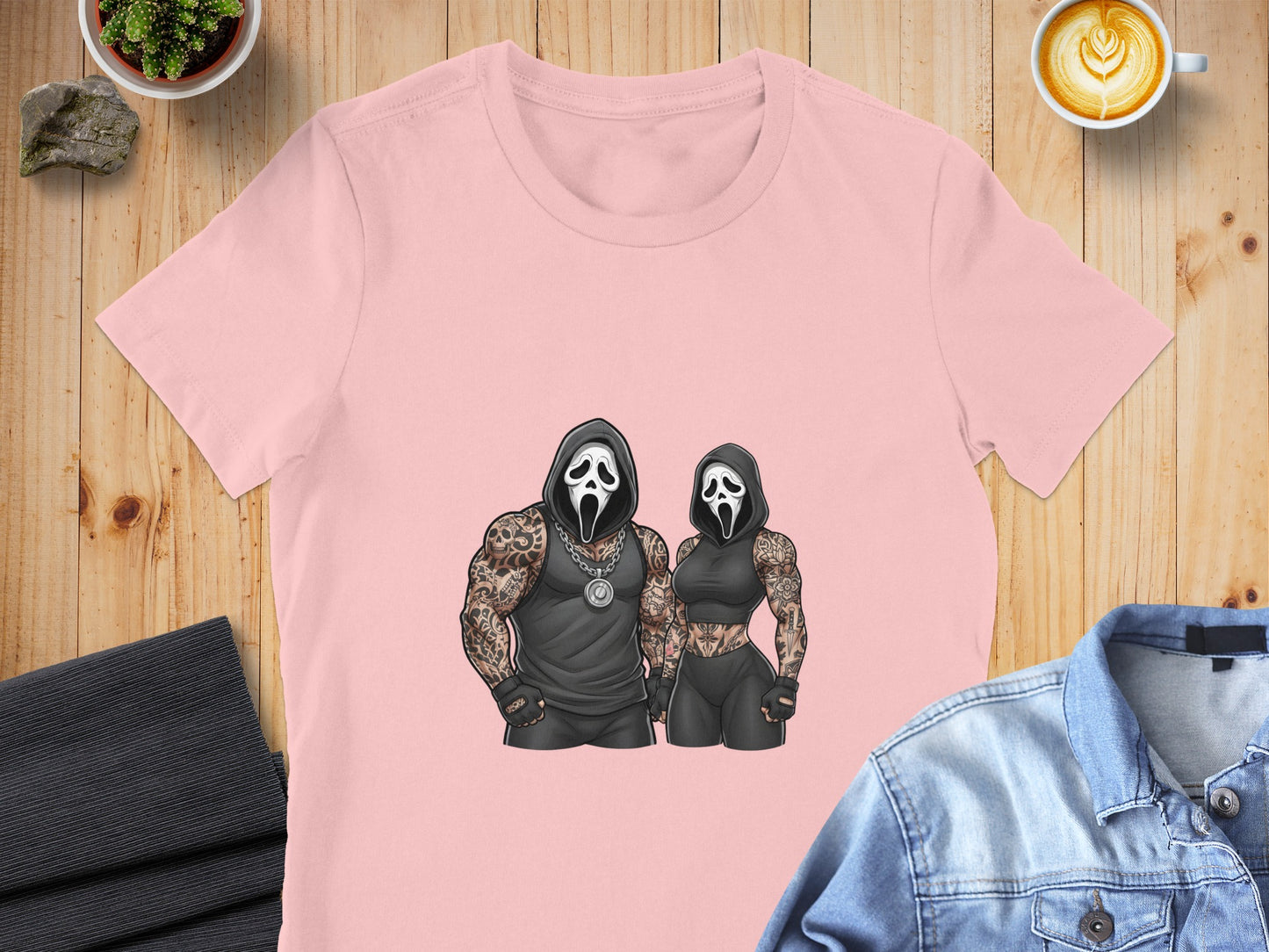 Pink t-shirt with Ghostface graphic of a muscular couple.