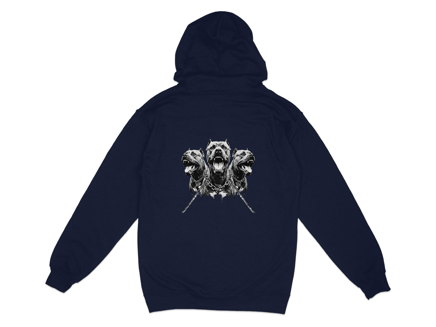 Navy hoodie with graphic of three snarling dogs on chains.
