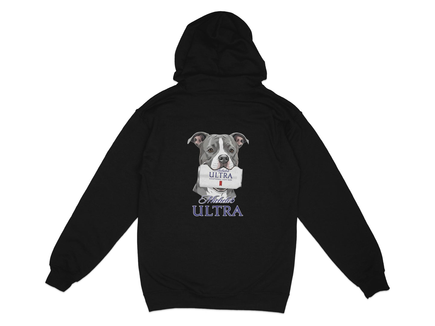 Black hoodie with a pit bull holding a Michelob ULTRA can.