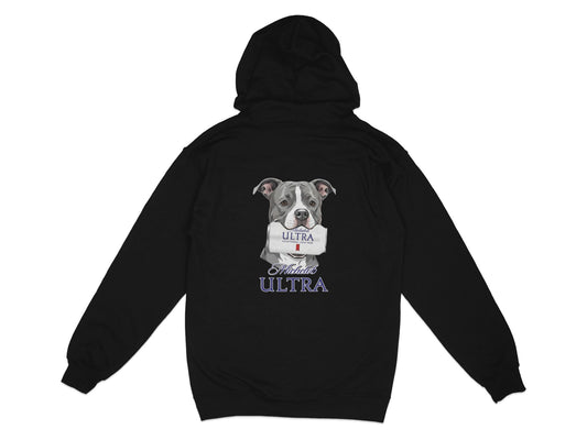 Black hoodie with a pit bull holding a Michelob ULTRA can.