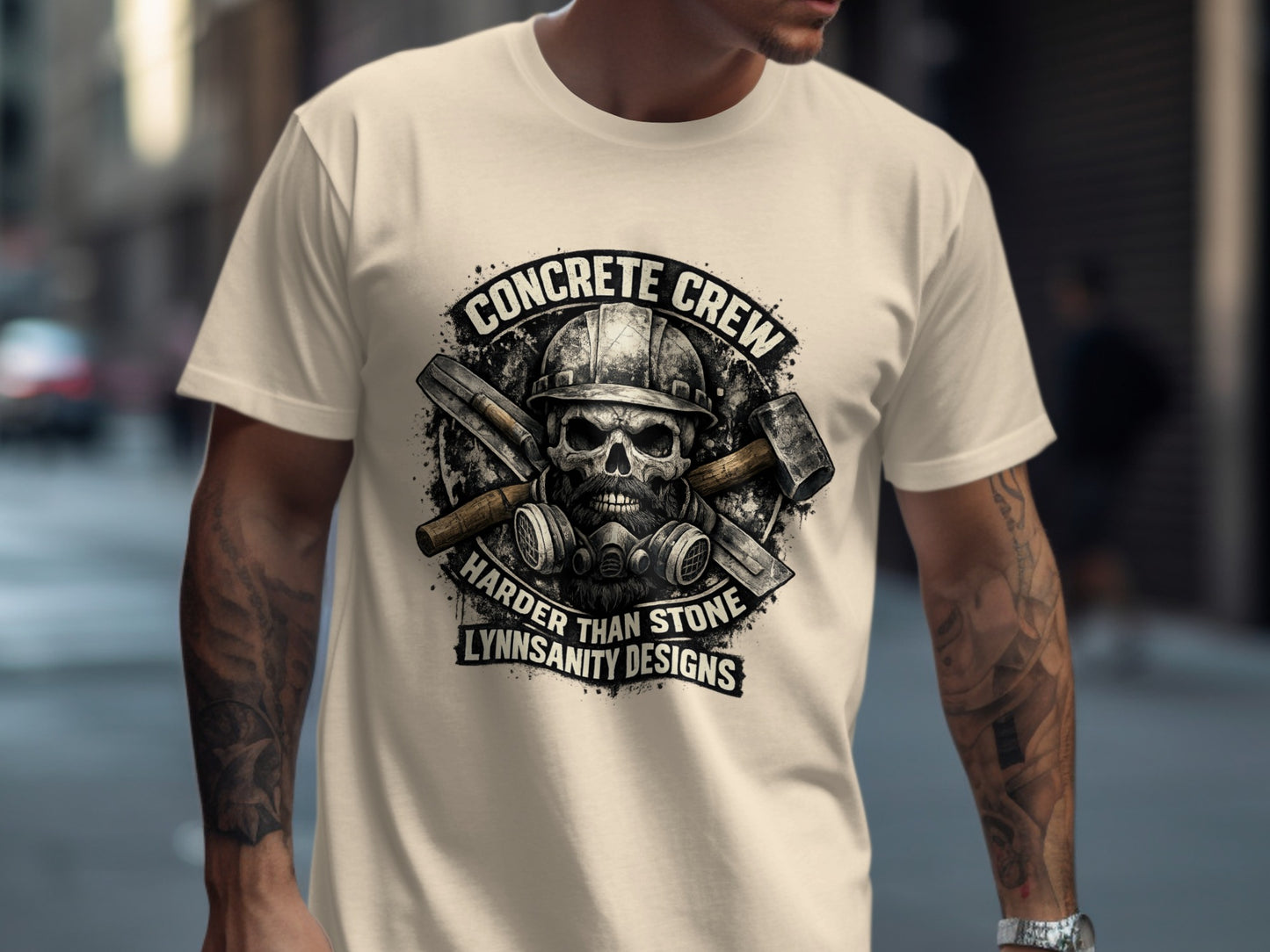 T-shirt with "CONCRETE CREW HARDER THAN STONE LYNNsaniTY DESIGNS" text, skull, and tools.