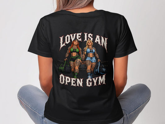 Graphic tee with women in athletic wear and text "LOVE IS AN OPEN GYM".