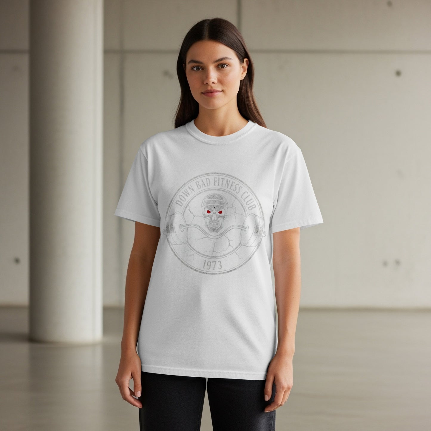 White t-shirt with "DOWN BAD FITNESS CLUB 1973" logo featuring a barbell and skull.