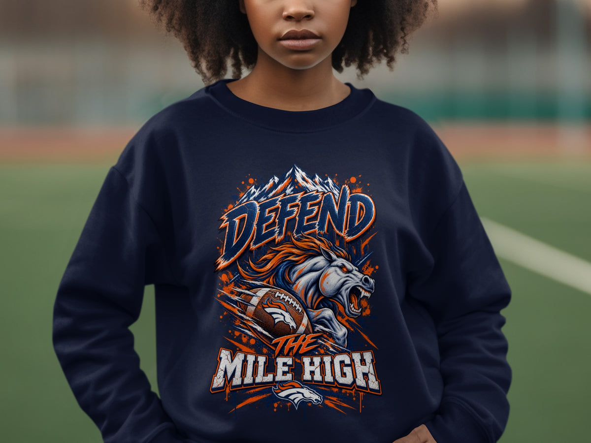 Dark blue crewneck sweatshirt with "Defend The Mile High" graphic and a horse and football.