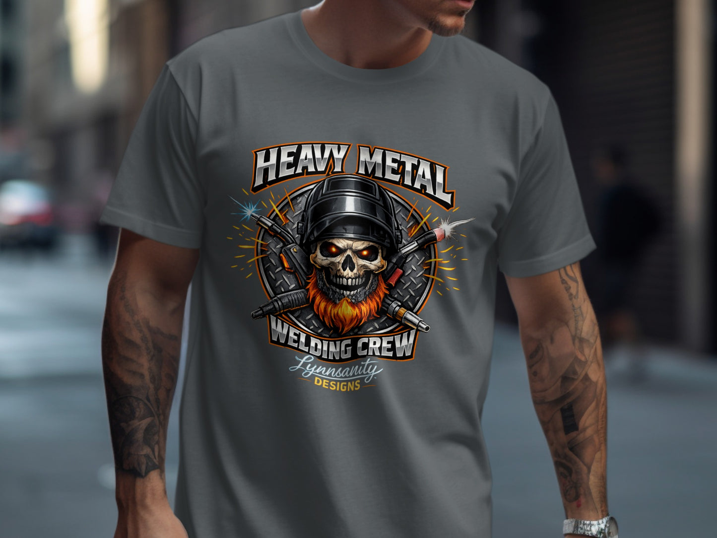 Heavy Metal Welding Crew LynnSanity Designs graphic on a grey t-shirt.