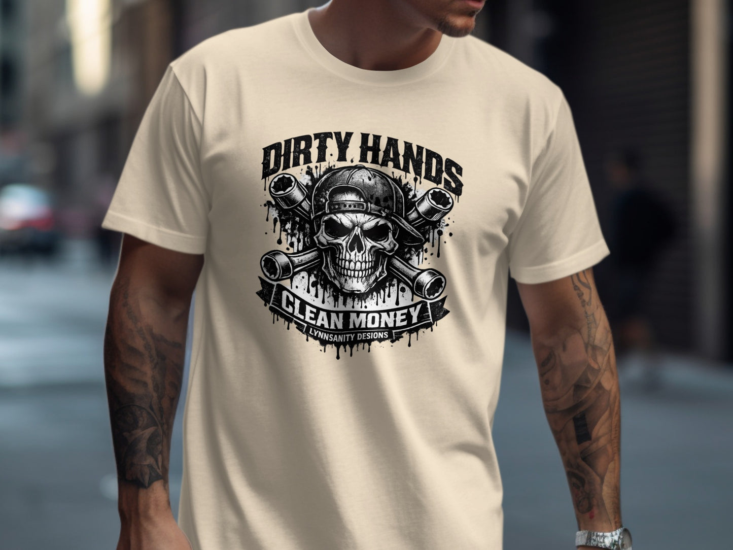 T-shirt with skull, crossed wrenches, and "DIRTY HANDS CLEAN MONEY" text.