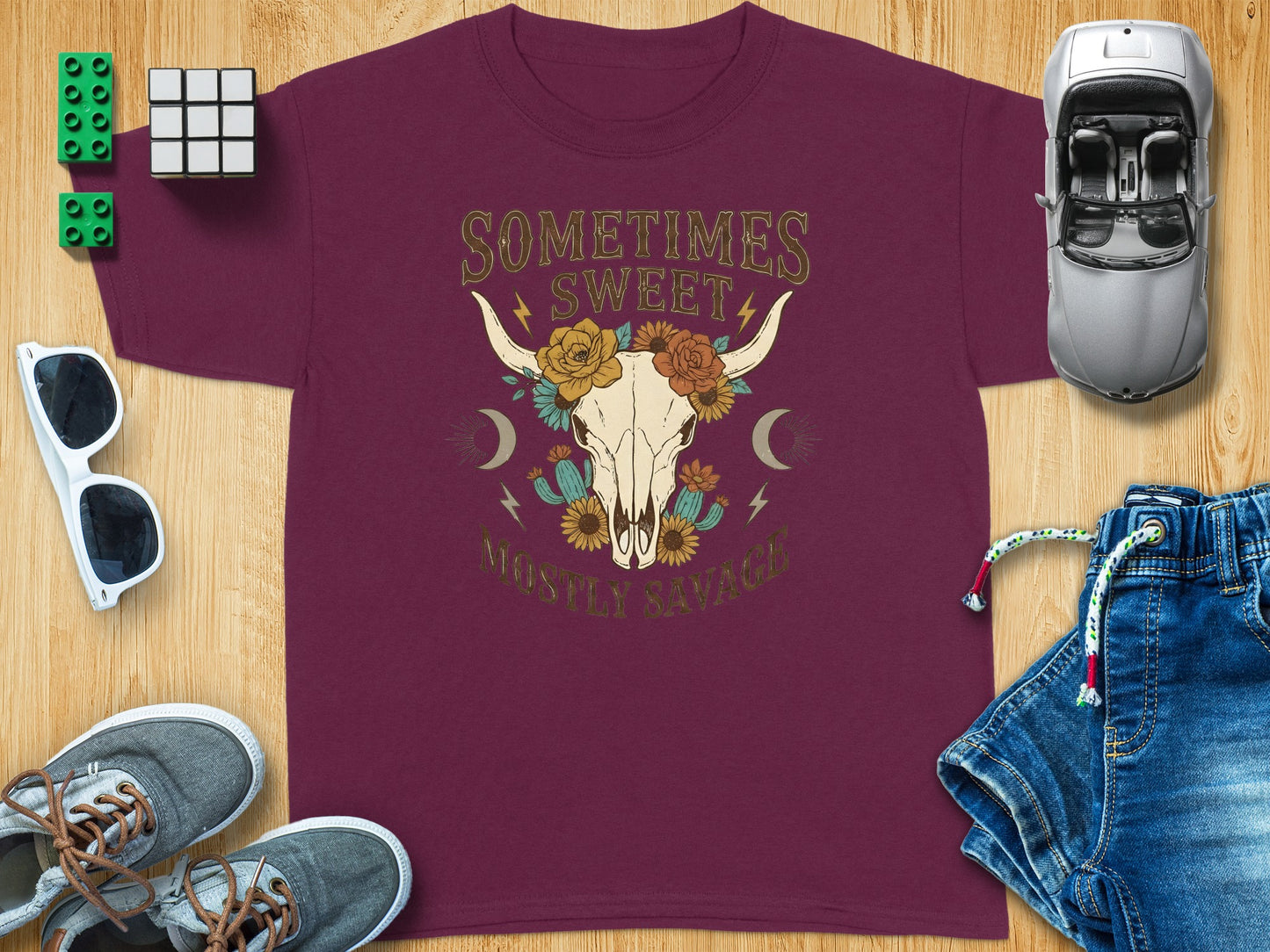 Sometimes Sweet Mostly Savage Bull Skull Maroon product type
