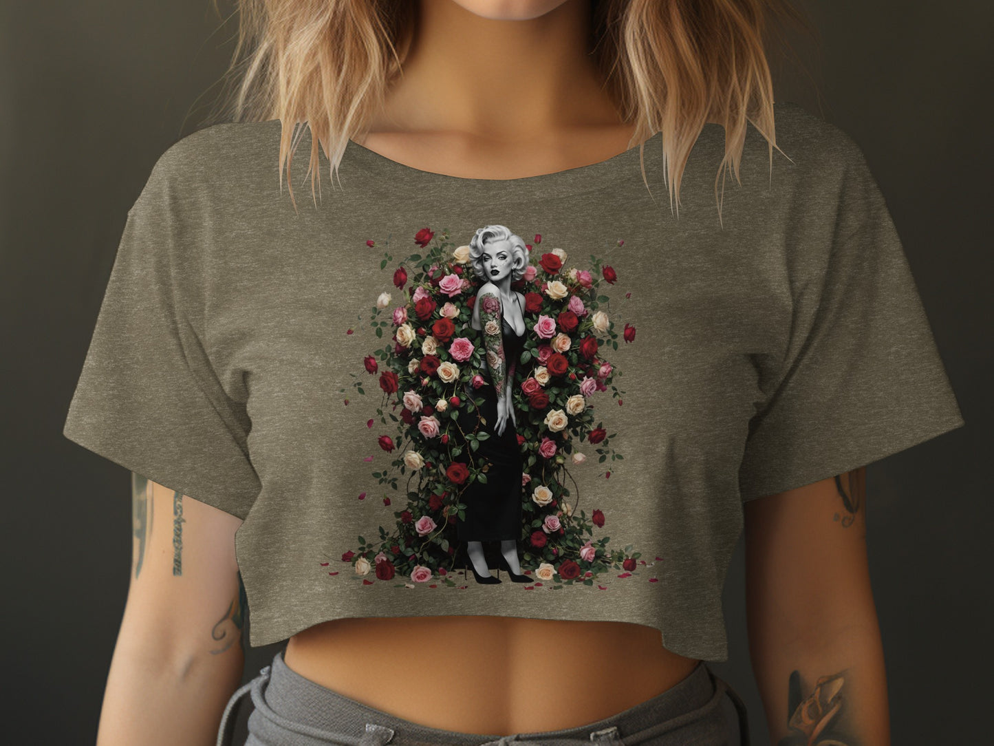 Marilyn Monroe with flowers printed on a grey crop top.