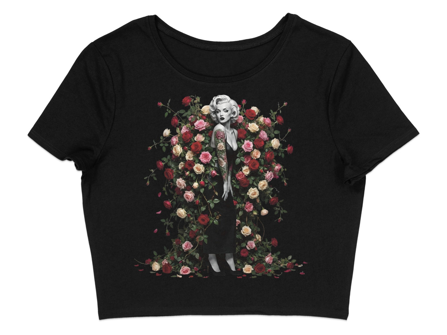 Marilyn Monroe in a floral arrangement on a black crop top.