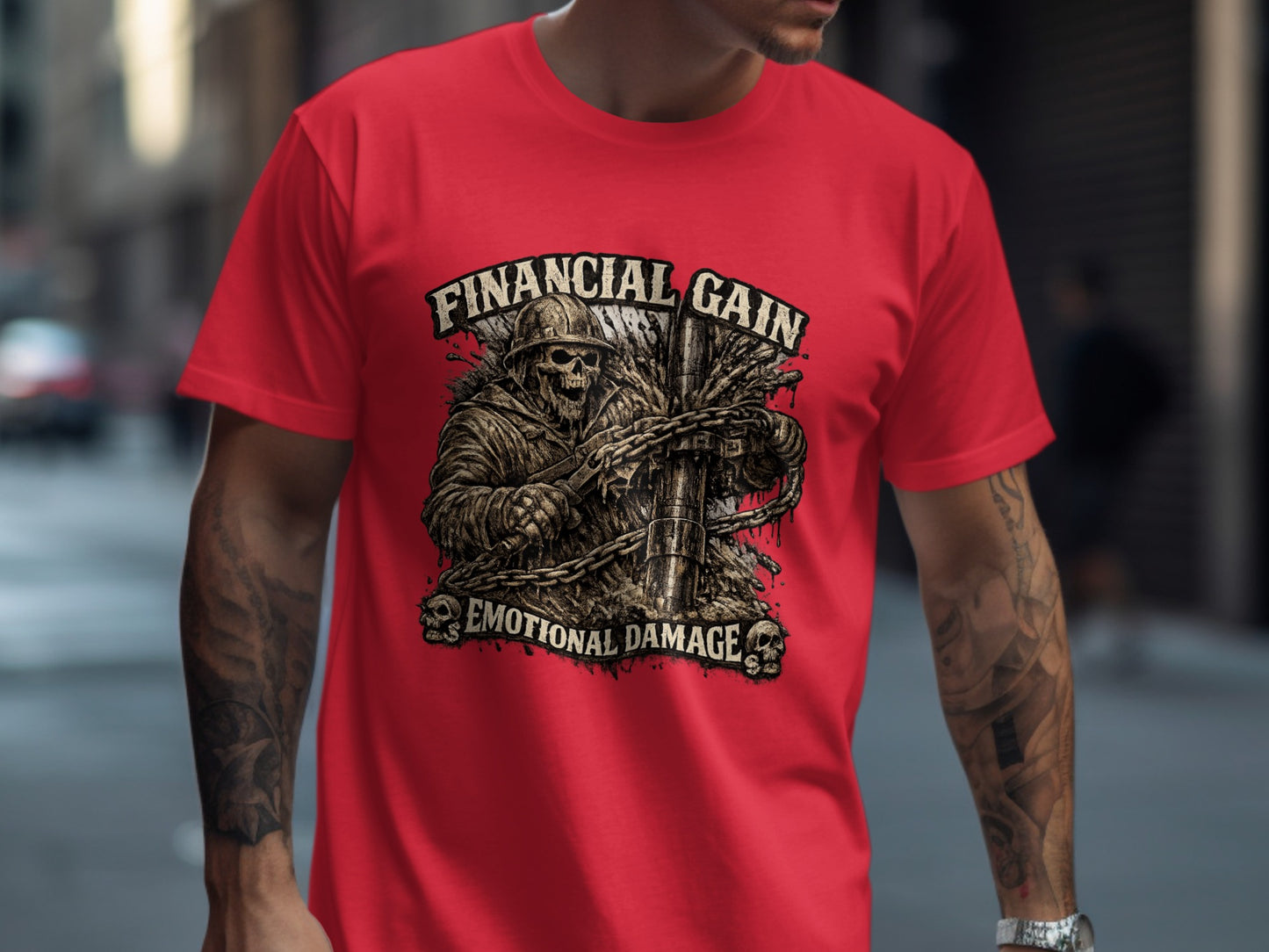 Red t-shirt with skeleton soldier design, "FINANCIAL GAIN EMOTIONAL DAMAGE" text.