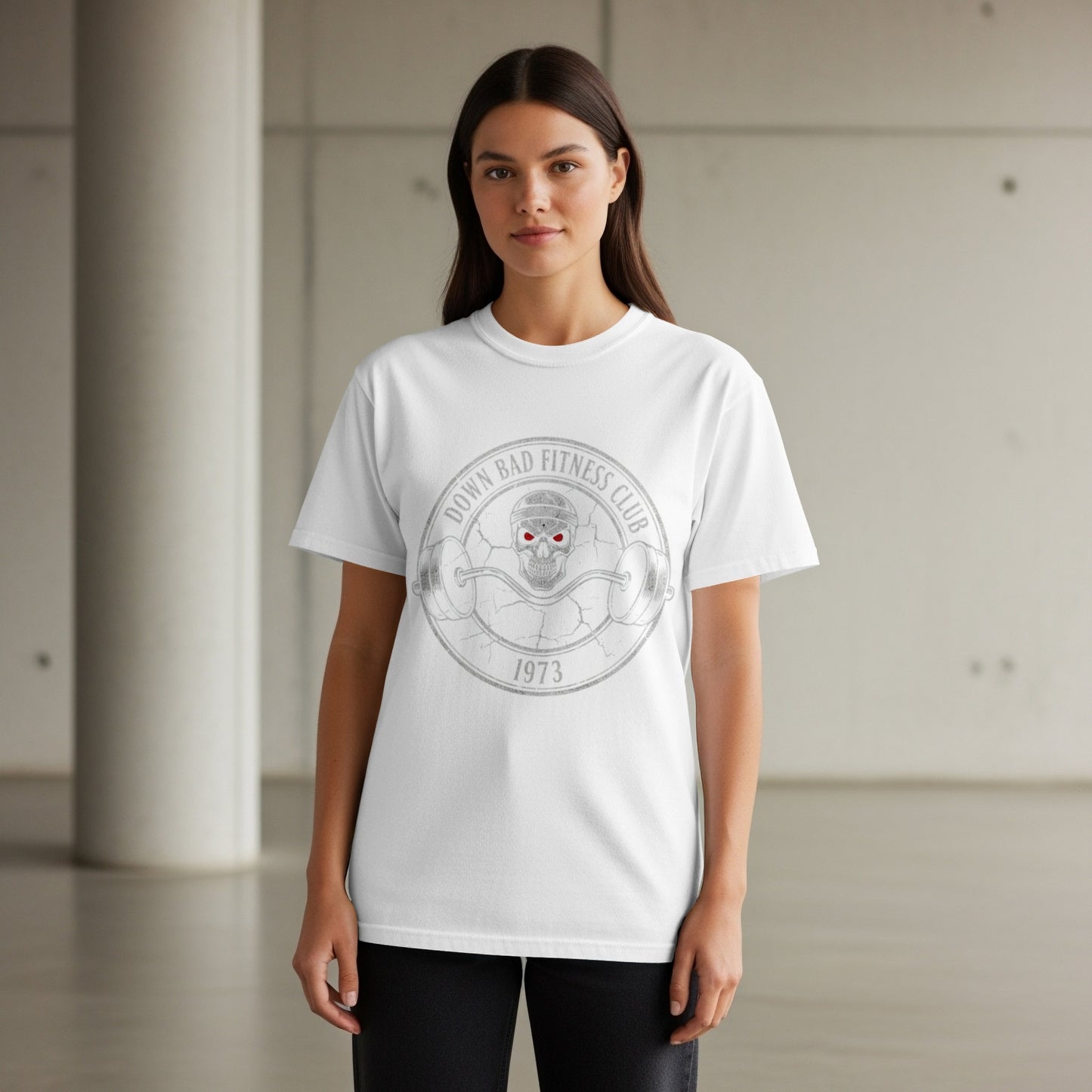 White t-shirt with "Down Bad Fitness Club" circular logo and "1973" text.