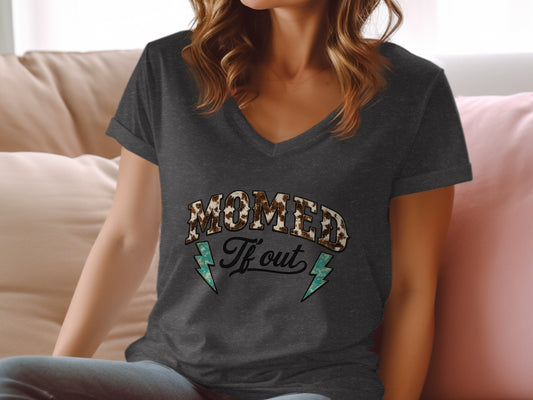 Dark grey v-neck t-shirt with "Mom af" in cow print and turquoise lightning bolts.