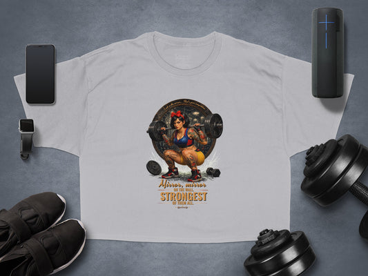 Crop top with barbell-lifting woman and motivational text.