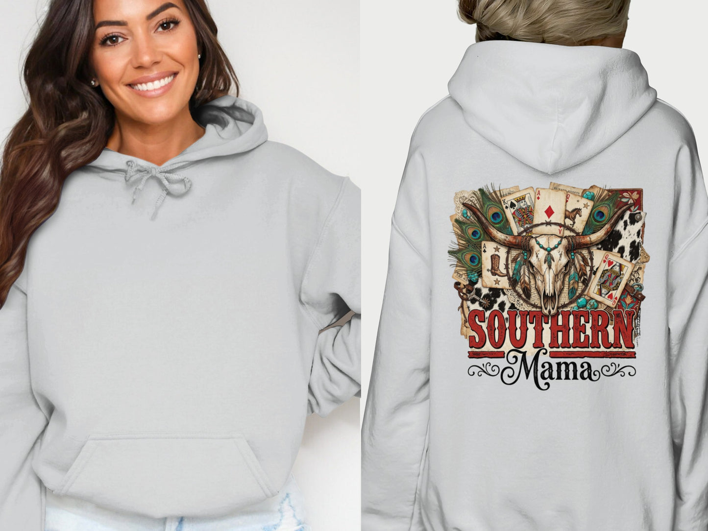 Gray hoodie with "Southern Mama" text and skull, feathers, and cards design on back.
