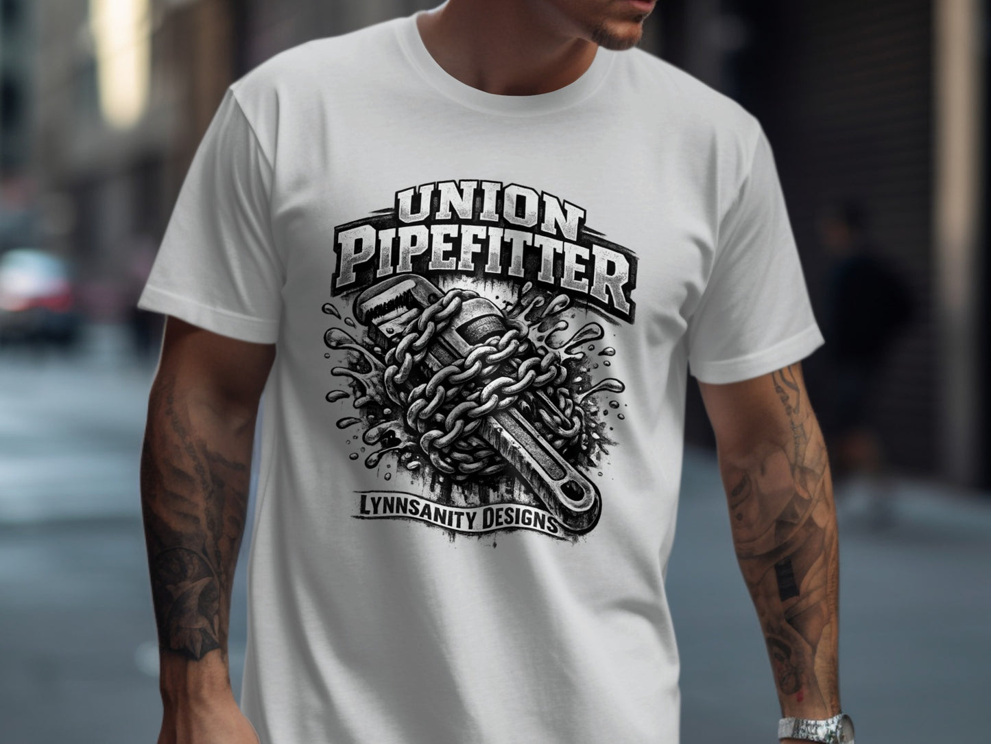 T-shirt with "Union Pipefitter" and wrench graphic.