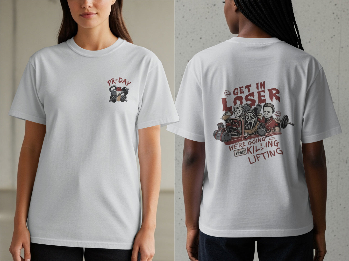 White t-shirt with "PR-DAY" and weightlifting graphic on front, and horror movie characters lifting on back.