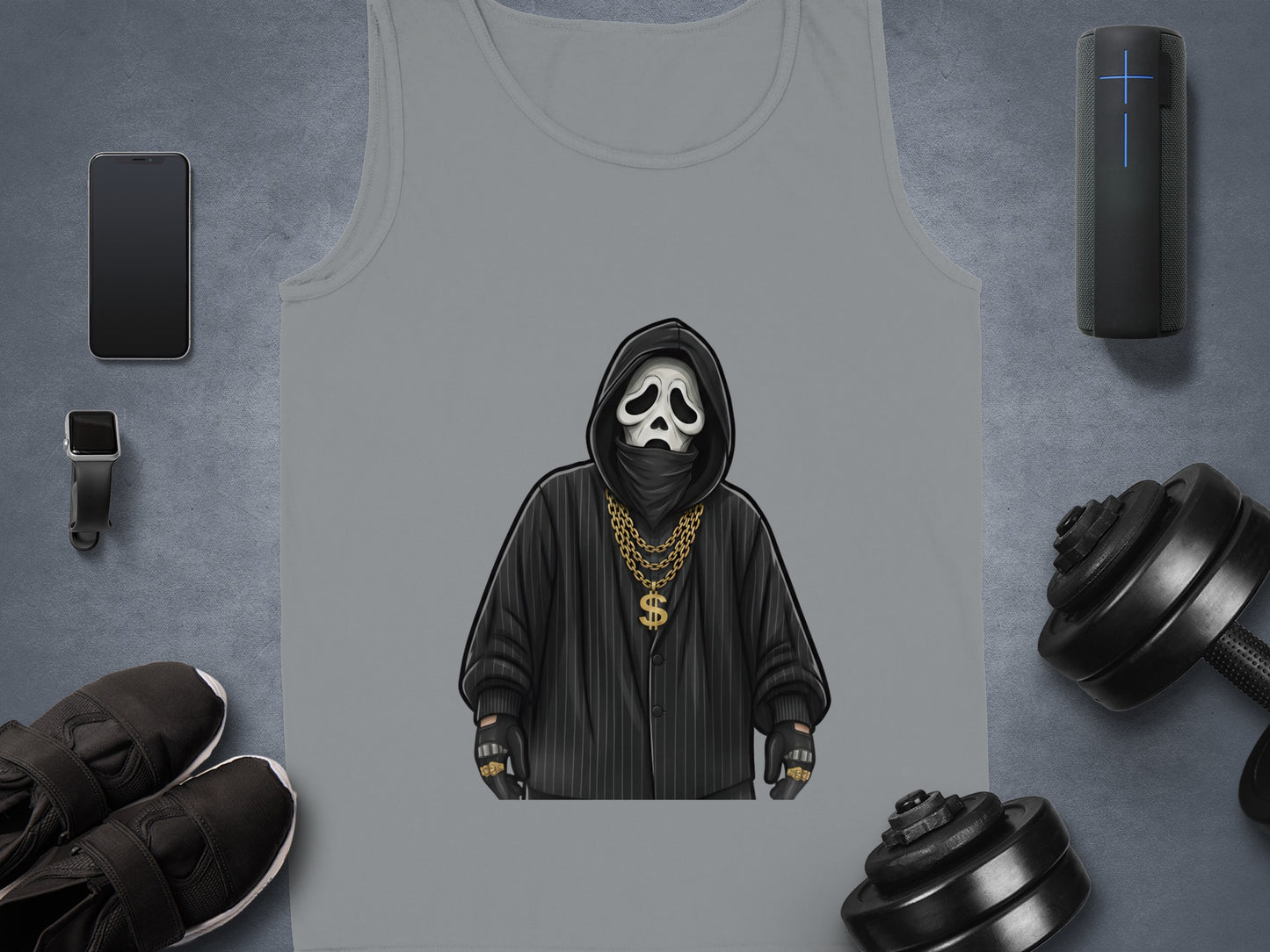 Tank top with a Ghostface design, accented by workout gear and electronics.