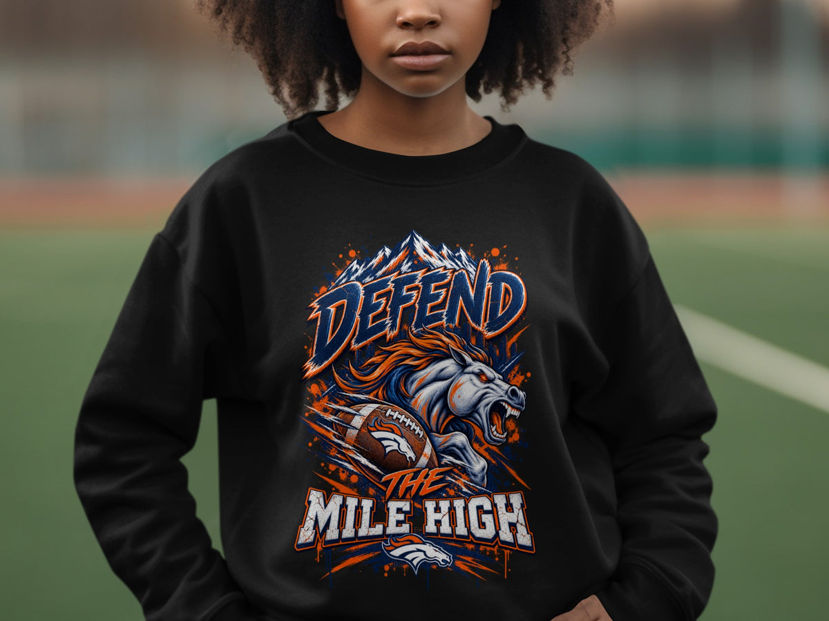 Black sweatshirt with "DEFEND THE MILE HIGH" and Denver Broncos logo design.