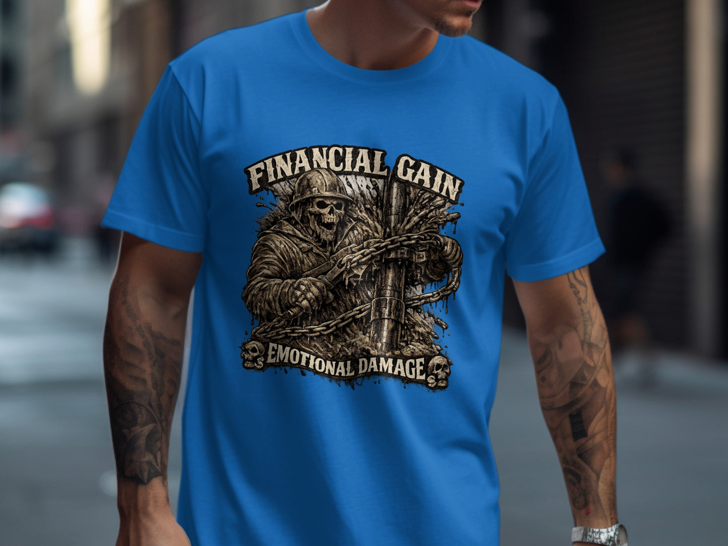 Blue t-shirt with skull soldier graphic and text "FINANCIAL GAIN EMOTIONAL DAMAGE".
