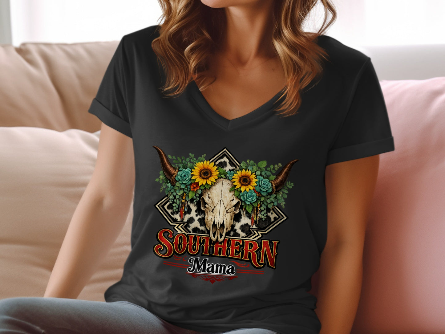 Black v-neck t-shirt with bull skull, sunflowers, and "Southern Mama" text.