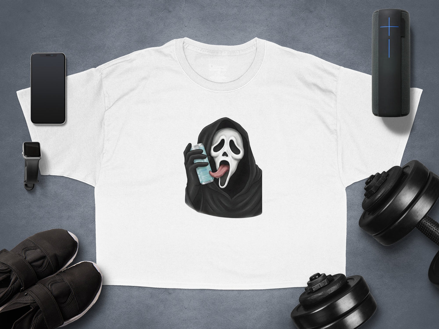White t-shirt with Ghostface from Scream holding a drink.