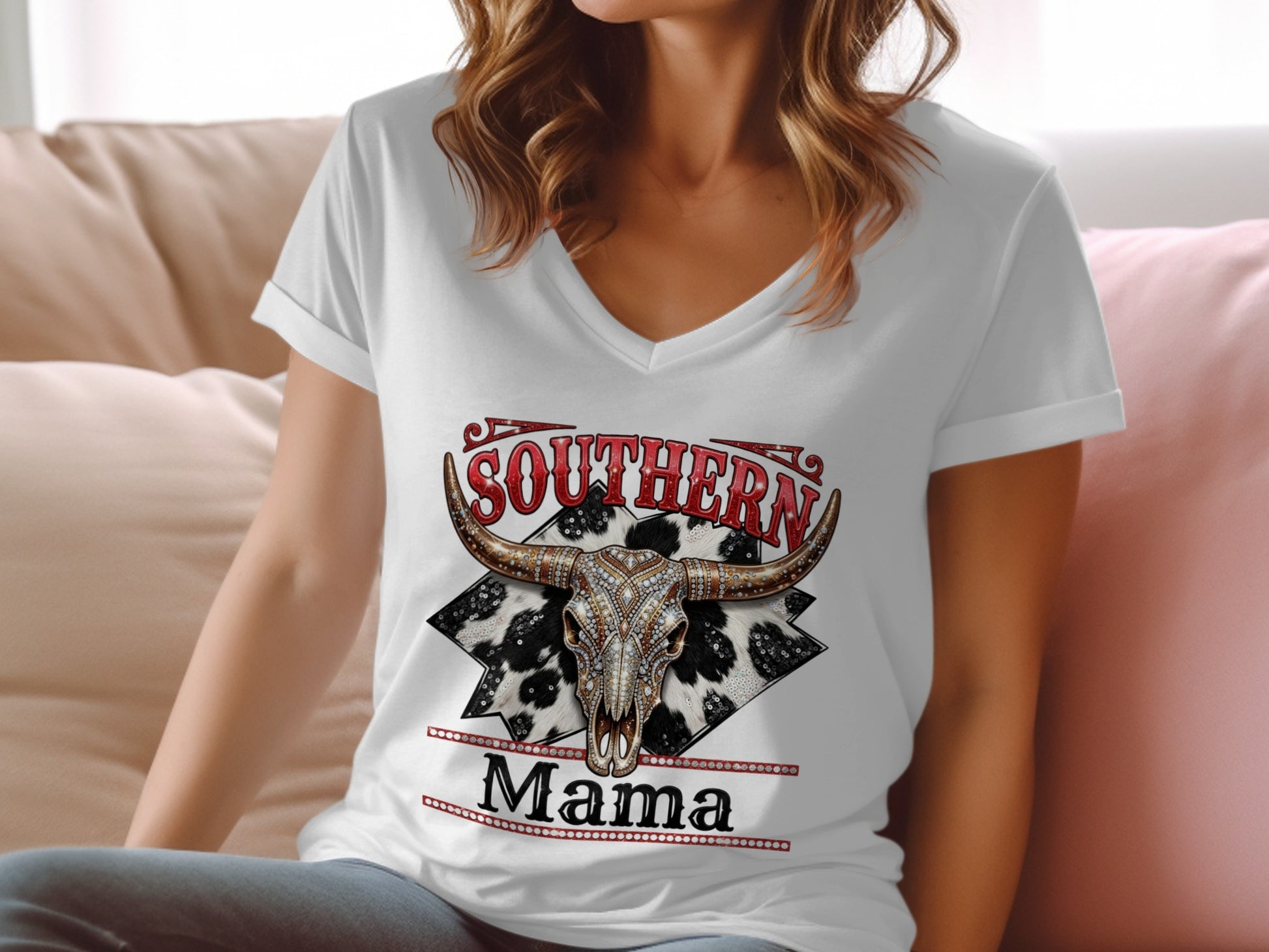White v-neck t-shirt with "Southern Mama" and distressed bull skull graphic.