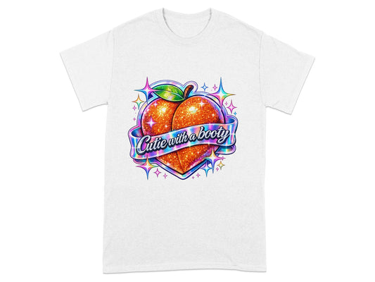 Peach-shaped graphic with glitter, stars, and text "Cutie with a booty" on a white t-shirt.
