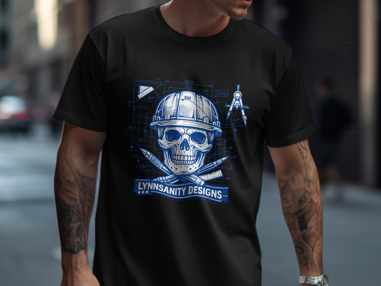 T-shirt with skull, construction tools, and "LYNNSANITY DESIGNS" text.