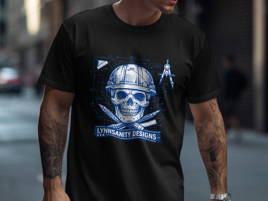 T-shirt with skull, construction tools, and "LYNNSANITY DESIGNS" text.