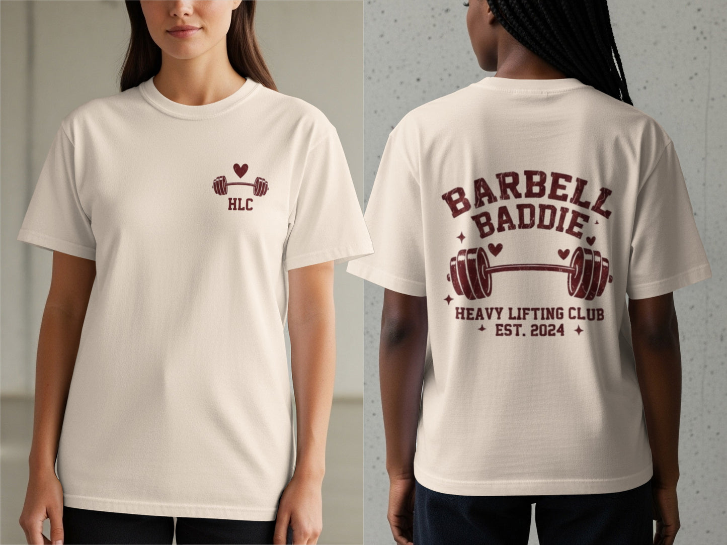 Cream t-shirt with heart and barbell graphic on front, barbell text graphic on back.