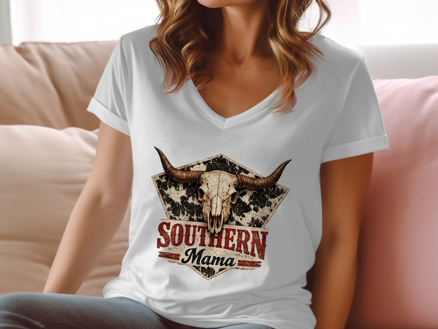 White v-neck t-shirt with distressed bull skull and "Southern Mama" graphic.