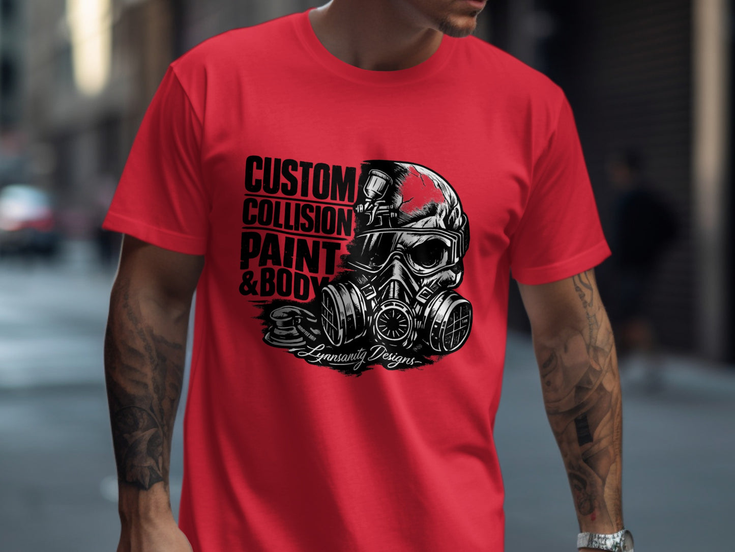 Man wearing a red t-shirt with "Custom Collision Paint & Body" graphic.