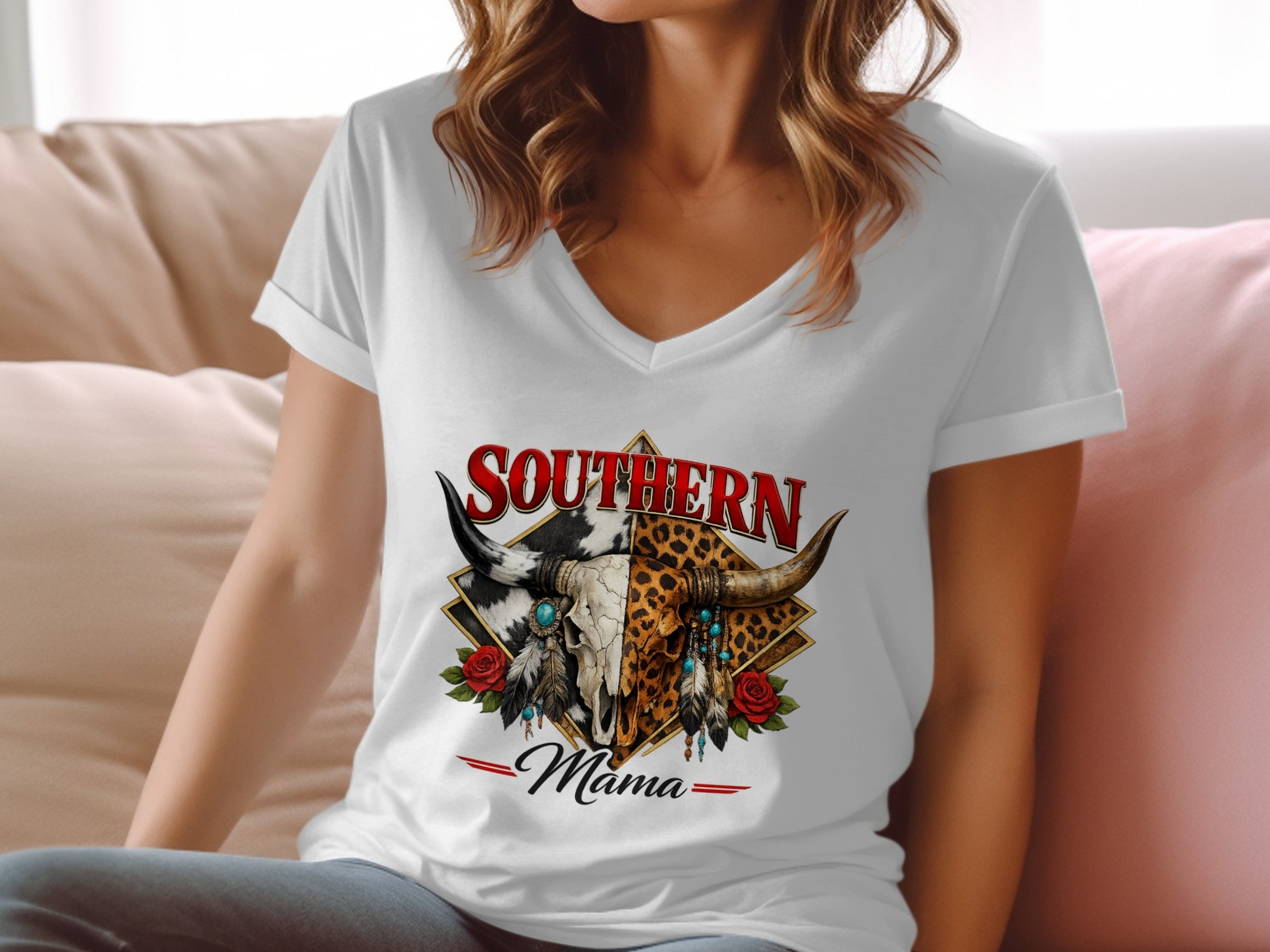 White v-neck t-shirt with "Southern Mama" and a bull skull graphic.