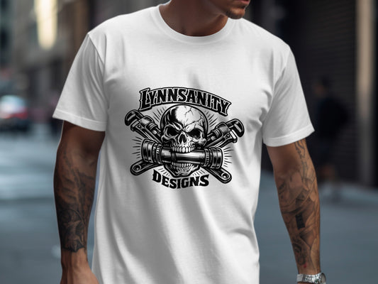 White t-shirt with "LYNNSANITY DESIGNS" and a skull with crossed wrenches graphic.