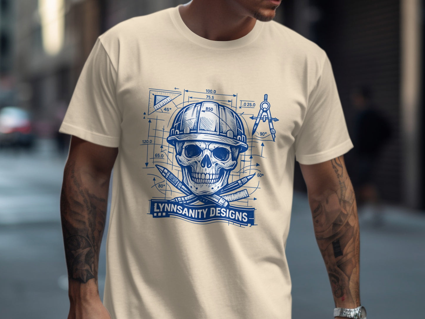 Skull with hard hat, bullets, and technical drawings; Lynnsanity Designs logo.