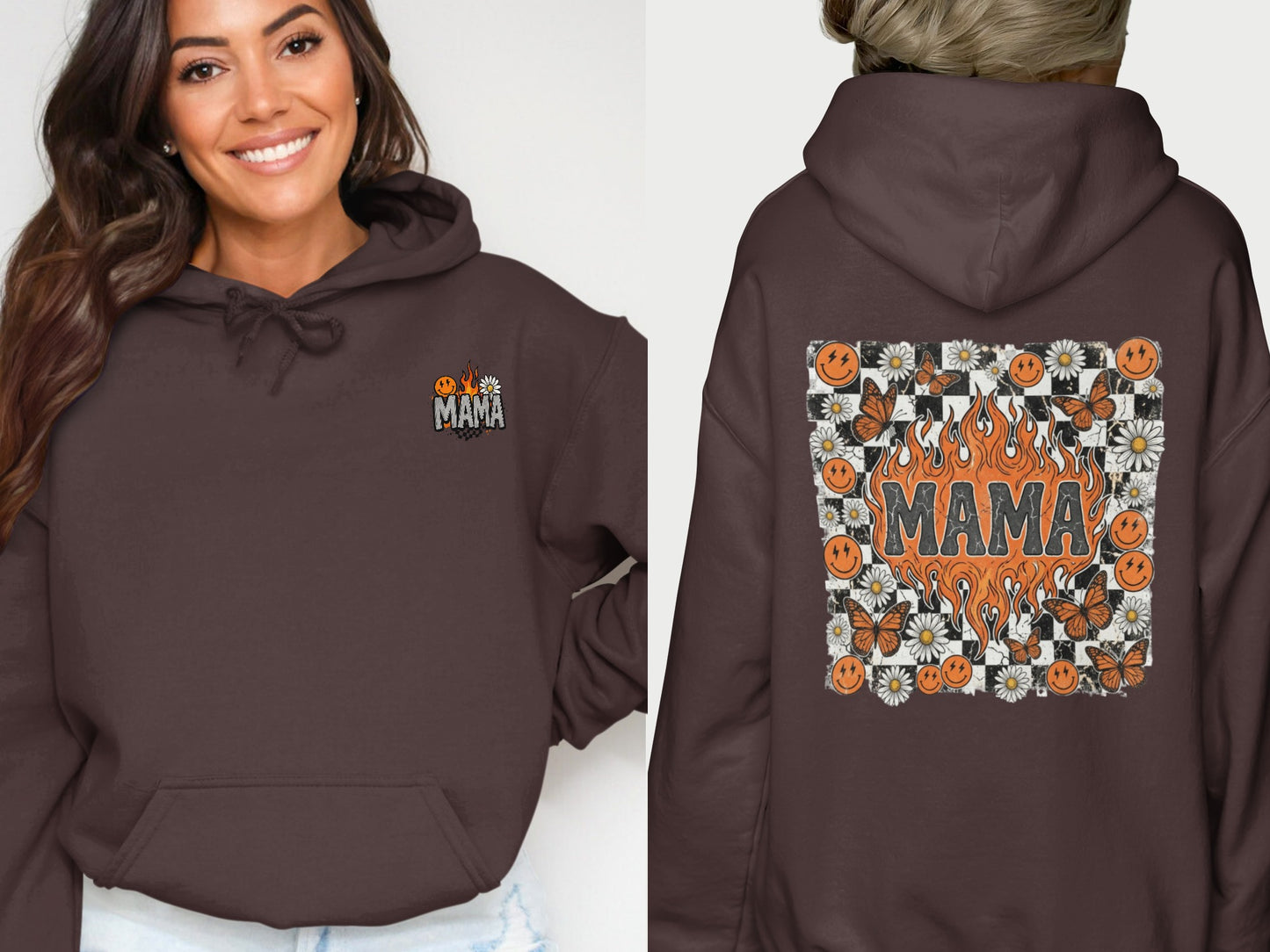 Brown hoodie with "Mama" design on front and flaming butterfly pattern on back.