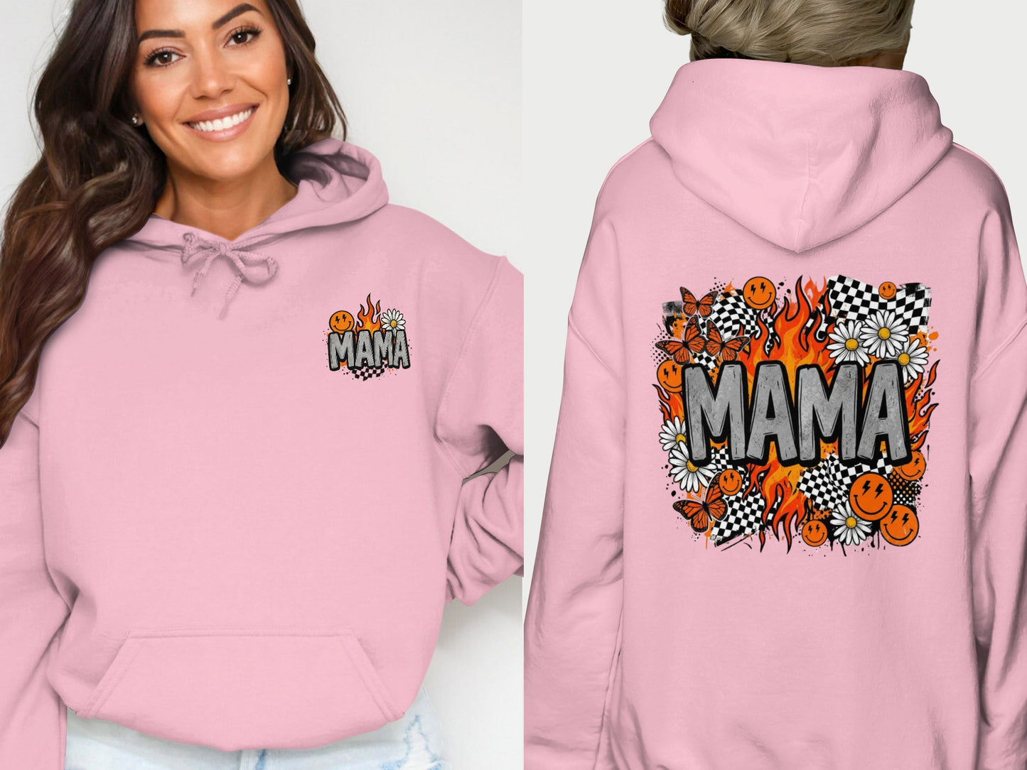 Pink hoodie with "MAMA" graphic and checkered flames, daisies, and butterflies.