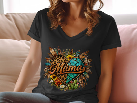 Black v-neck t-shirt with heart graphic: "Mama" in leopard print and turquoise.