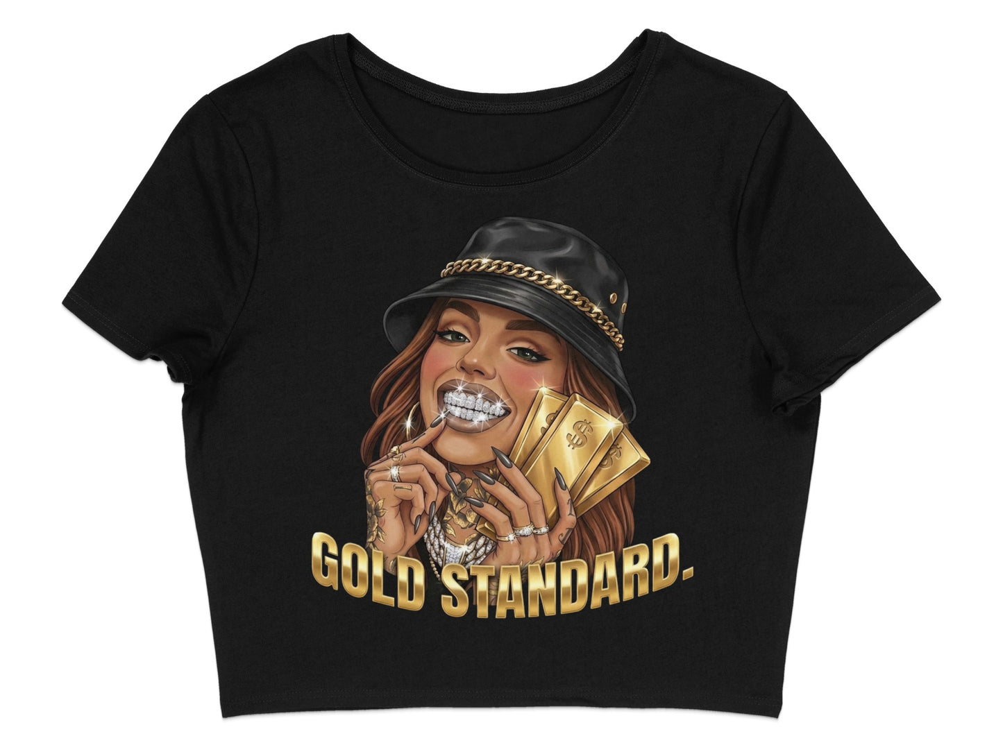 Black crop top with "GOLD STANDARD" text and woman holding gold bars.