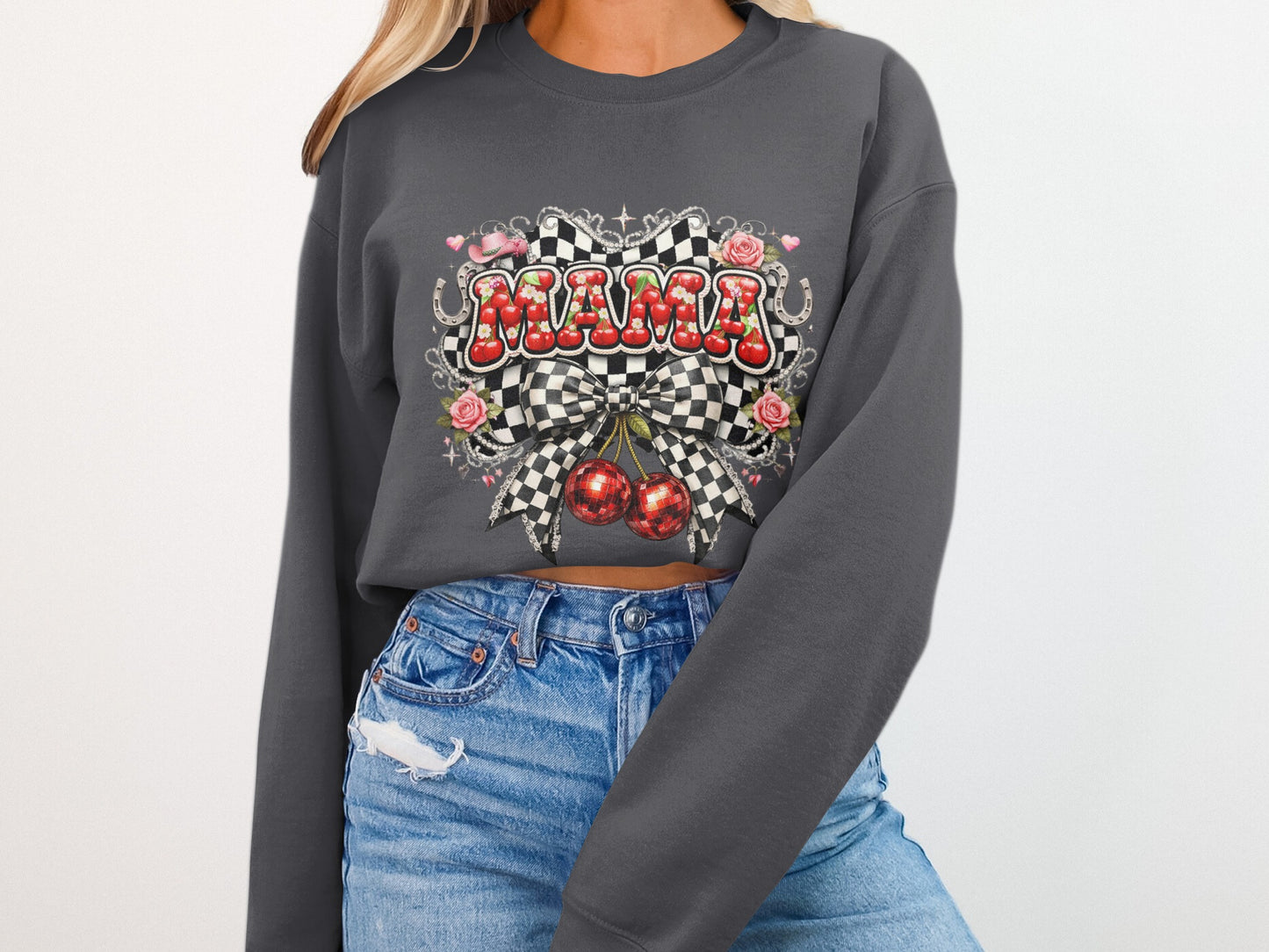 Mama sweatshirt with checkered pattern, cherries, roses, and heart accents.