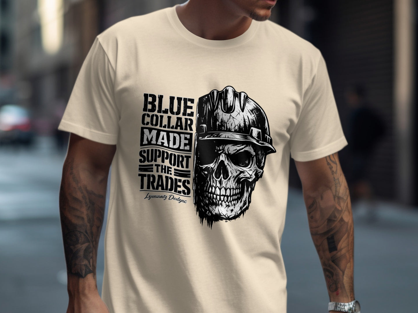T-shirt with skull wearing hard hat and "Blue Collar Made Support The Trades" text.