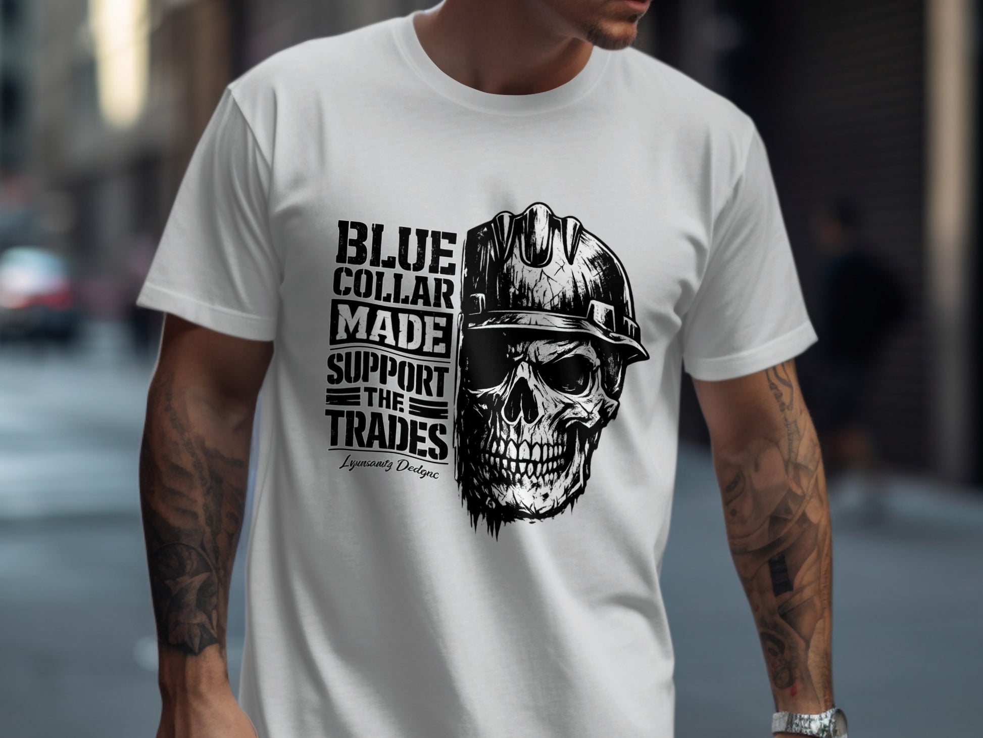 White t-shirt with skull wearing hard hat and "BLUE COLLAR MADE SUPPORT THE TRADES" text.