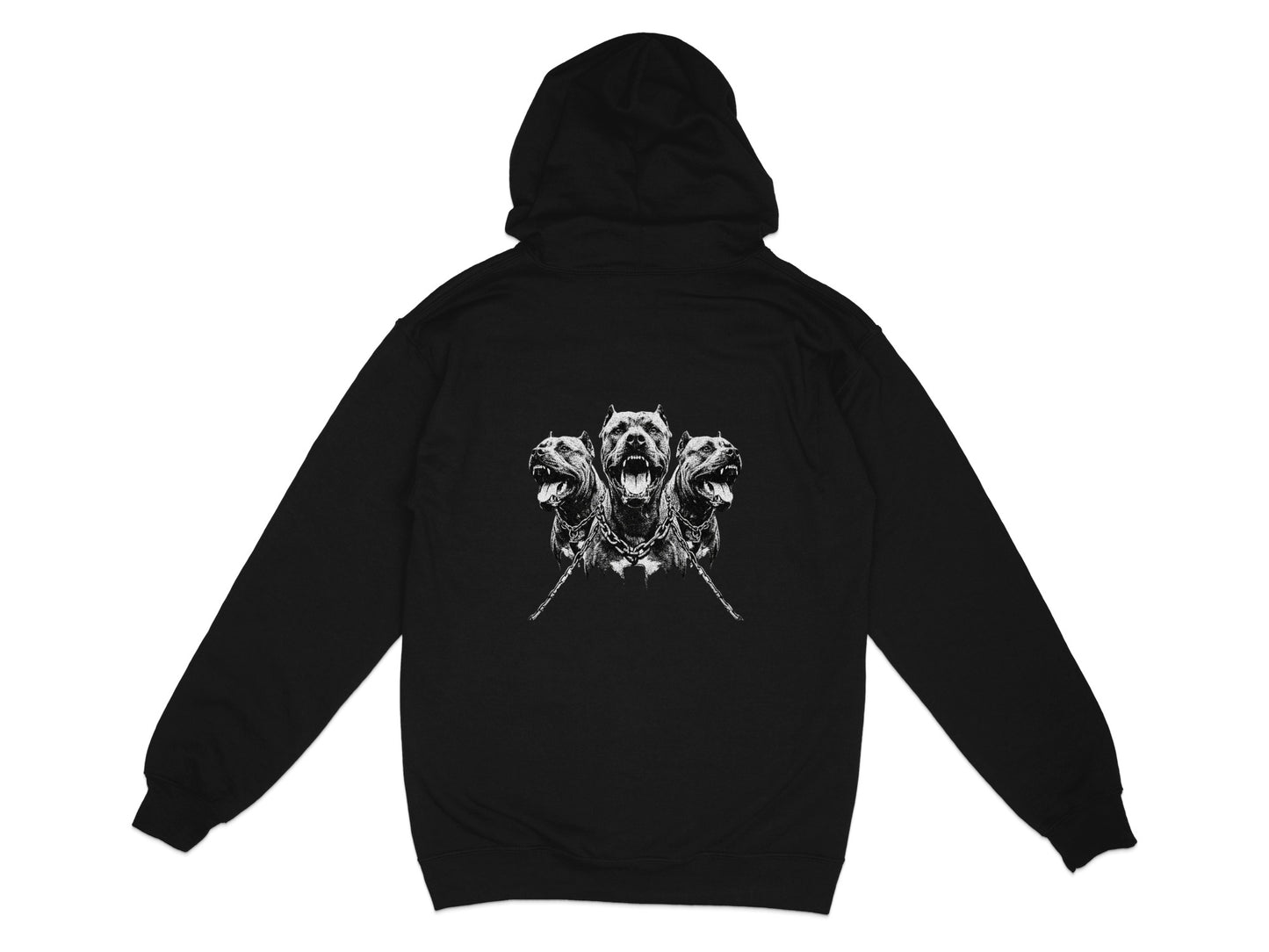 Black hoodie with a graphic of three snarling dog heads on the back.