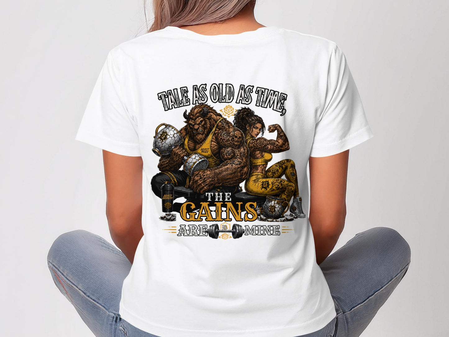 Tale as old as time, the gains are mine graphic on white t-shirt.